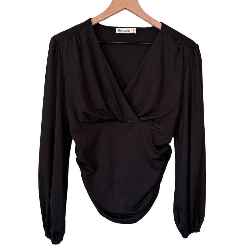 Grace Karin Black Long Sleeve Ruched Shirt Size M
